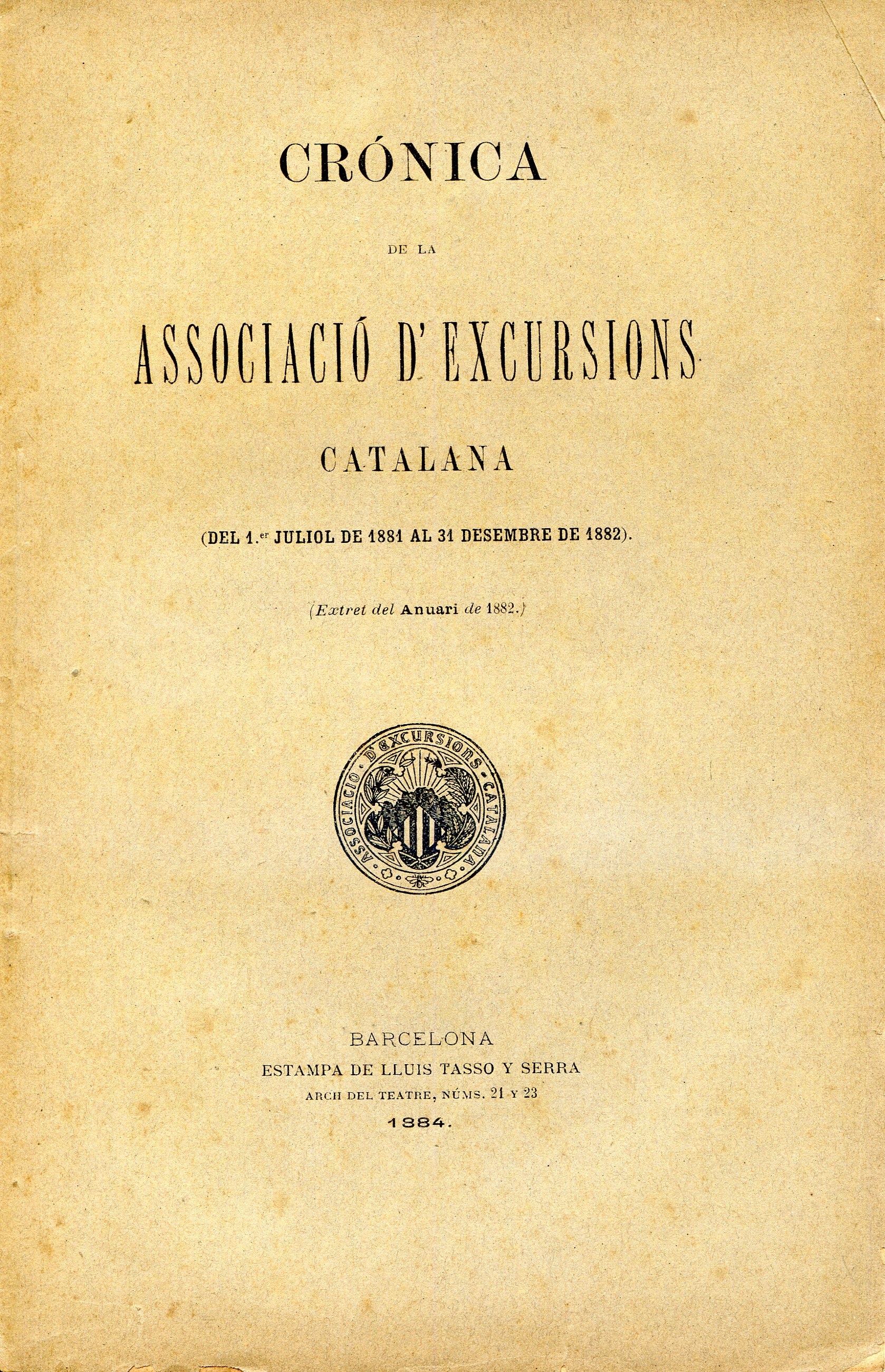 Crónica de la Associació d'Excursions Catalana : (Del 1 juliol de 1881 al 31 desembre 1882) - Portada
